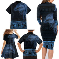 Fiji Palm Leaves Family Matching Long Sleeve Bodycon Dress and Hawaiian Shirt Masi and Tapa Tribal Pattern Blue Color LT03 - Polynesian Pride