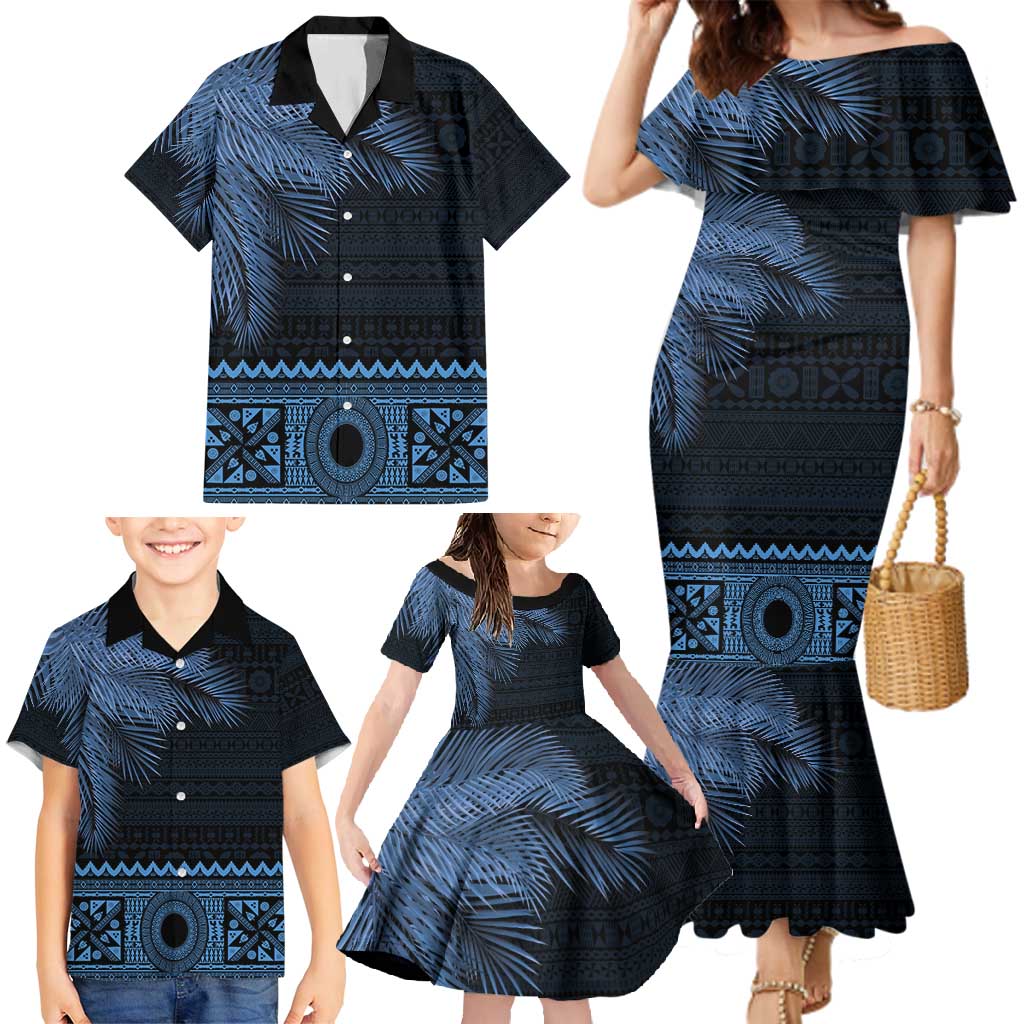 Fiji Palm Leaves Family Matching Mermaid Dress and Hawaiian Shirt Masi and Tapa Tribal Pattern Blue Color LT03 - Polynesian Pride