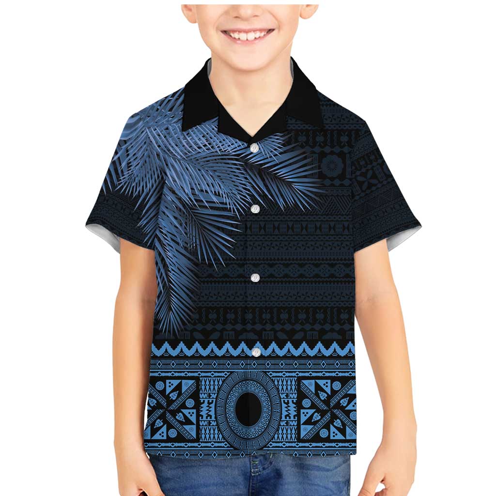 Fiji Palm Leaves Family Matching Mermaid Dress and Hawaiian Shirt Masi and Tapa Tribal Pattern Blue Color LT03 Son's Shirt Blue - Polynesian Pride