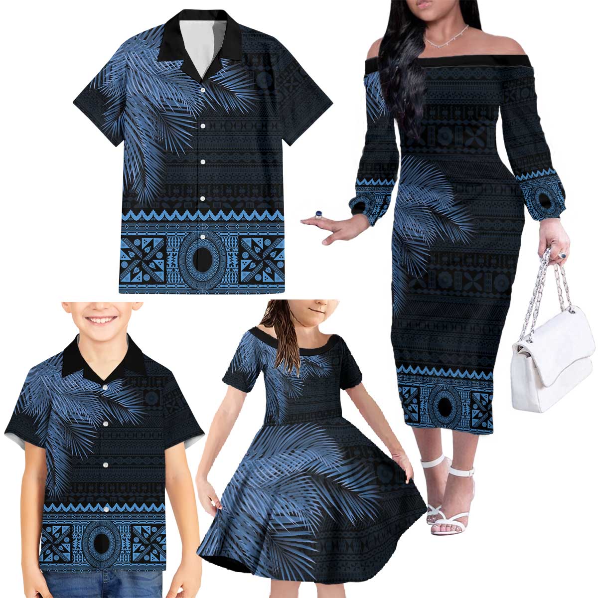 Fiji Palm Leaves Family Matching Off The Shoulder Long Sleeve Dress and Hawaiian Shirt Masi and Tapa Tribal Pattern Blue Color LT03 - Polynesian Pride