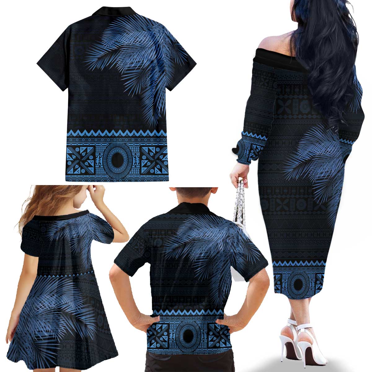 Fiji Palm Leaves Family Matching Off The Shoulder Long Sleeve Dress and Hawaiian Shirt Masi and Tapa Tribal Pattern Blue Color LT03 - Polynesian Pride