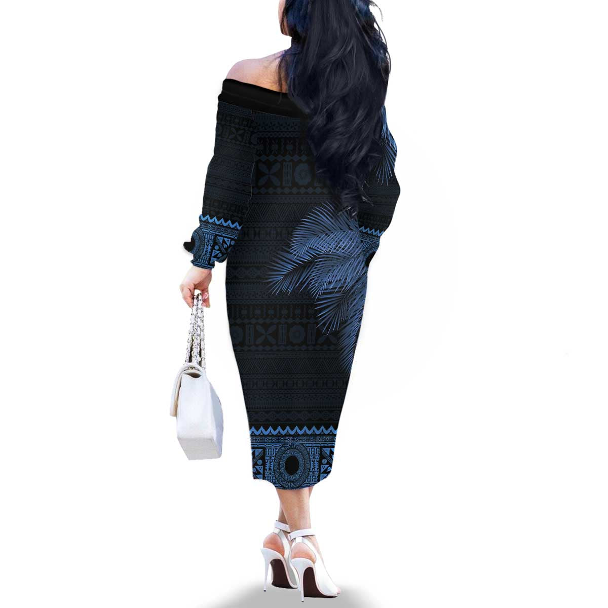 Fiji Palm Leaves Family Matching Off The Shoulder Long Sleeve Dress and Hawaiian Shirt Masi and Tapa Tribal Pattern Blue Color LT03 - Polynesian Pride
