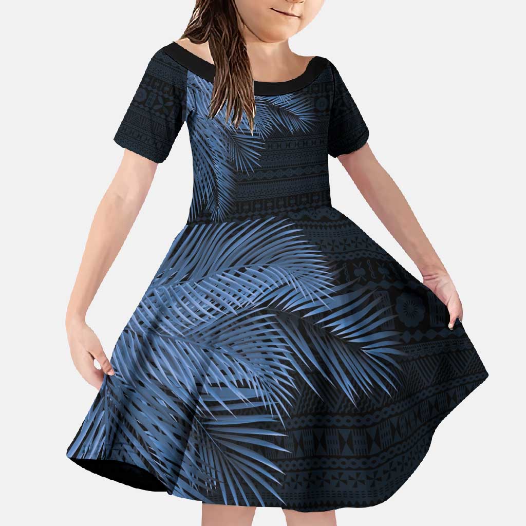 Fiji Palm Leaves Family Matching Off Shoulder Maxi Dress and Hawaiian Shirt Masi and Tapa Tribal Pattern Blue Color LT03 Daughter's Dress Blue - Polynesian Pride