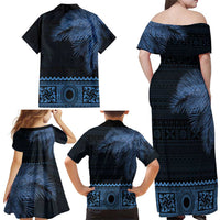 Fiji Palm Leaves Family Matching Off Shoulder Maxi Dress and Hawaiian Shirt Masi and Tapa Tribal Pattern Blue Color LT03 - Polynesian Pride
