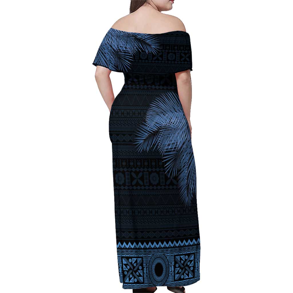 Fiji Palm Leaves Family Matching Off Shoulder Maxi Dress and Hawaiian Shirt Masi and Tapa Tribal Pattern Blue Color LT03 - Polynesian Pride