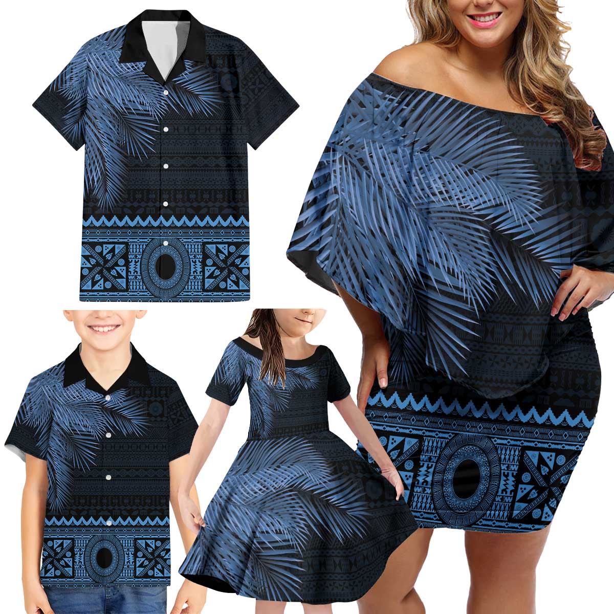 Fiji Palm Leaves Family Matching Off Shoulder Short Dress and Hawaiian Shirt Masi and Tapa Tribal Pattern Blue Color LT03 - Polynesian Pride