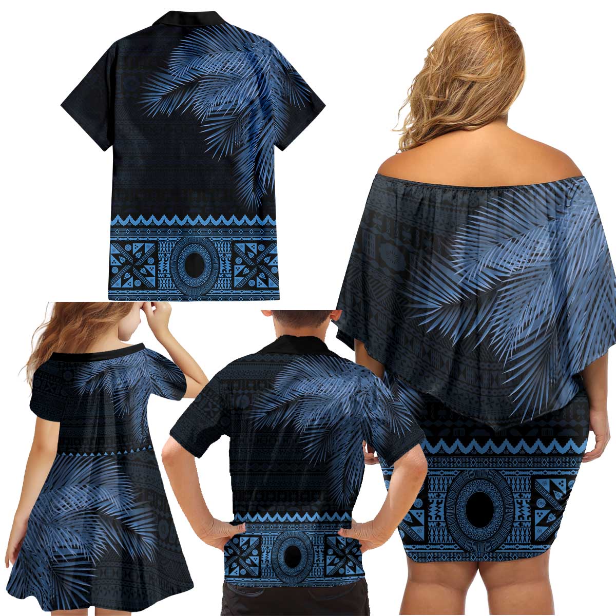 Fiji Palm Leaves Family Matching Off Shoulder Short Dress and Hawaiian Shirt Masi and Tapa Tribal Pattern Blue Color LT03 - Polynesian Pride