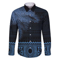 Fiji Palm Leaves Family Matching Off Shoulder Short Dress and Hawaiian Shirt Masi and Tapa Tribal Pattern Blue Color LT03 Dad's Shirt - Long Sleeve Blue - Polynesian Pride