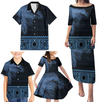 Fiji Palm Leaves Family Matching Puletasi and Hawaiian Shirt Masi and Tapa Tribal Pattern Blue Color LT03 - Polynesian Pride