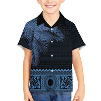 Fiji Palm Leaves Family Matching Short Sleeve Bodycon Dress and Hawaiian Shirt Masi and Tapa Tribal Pattern Blue Color LT03 Son's Shirt Blue - Polynesian Pride