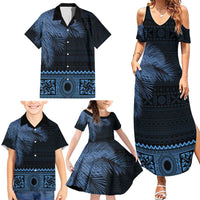 Fiji Palm Leaves Family Matching Summer Maxi Dress and Hawaiian Shirt Masi and Tapa Tribal Pattern Blue Color LT03 - Polynesian Pride