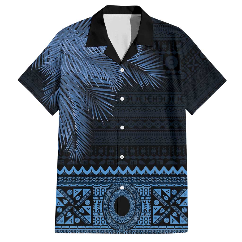 Fiji Palm Leaves Family Matching Summer Maxi Dress and Hawaiian Shirt Masi and Tapa Tribal Pattern Blue Color LT03 Dad's Shirt - Short Sleeve Blue - Polynesian Pride