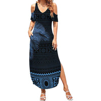 Fiji Palm Leaves Family Matching Summer Maxi Dress and Hawaiian Shirt Masi and Tapa Tribal Pattern Blue Color LT03 Mom's Dress Blue - Polynesian Pride