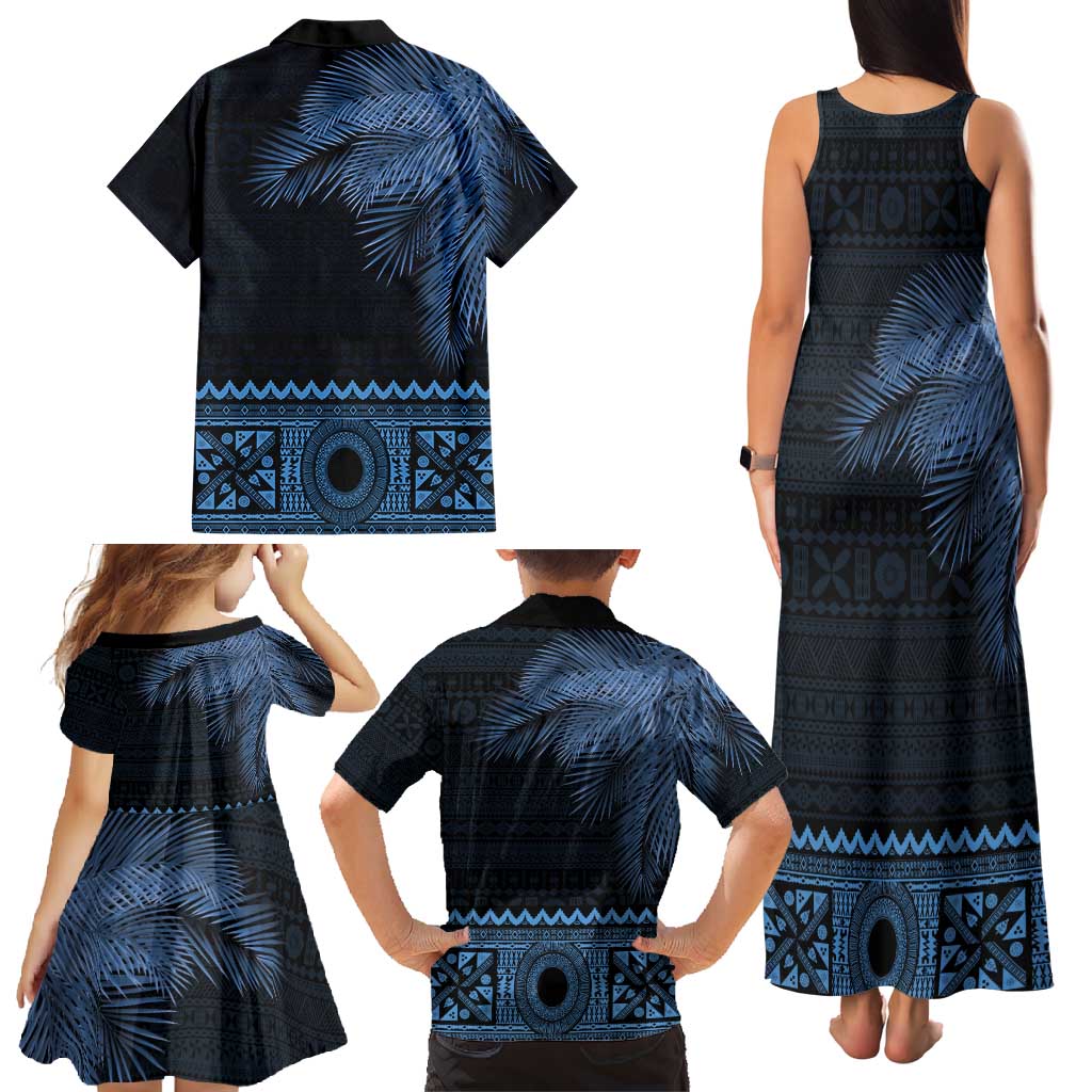 Fiji Palm Leaves Family Matching Tank Maxi Dress and Hawaiian Shirt Masi and Tapa Tribal Pattern Blue Color LT03 - Polynesian Pride