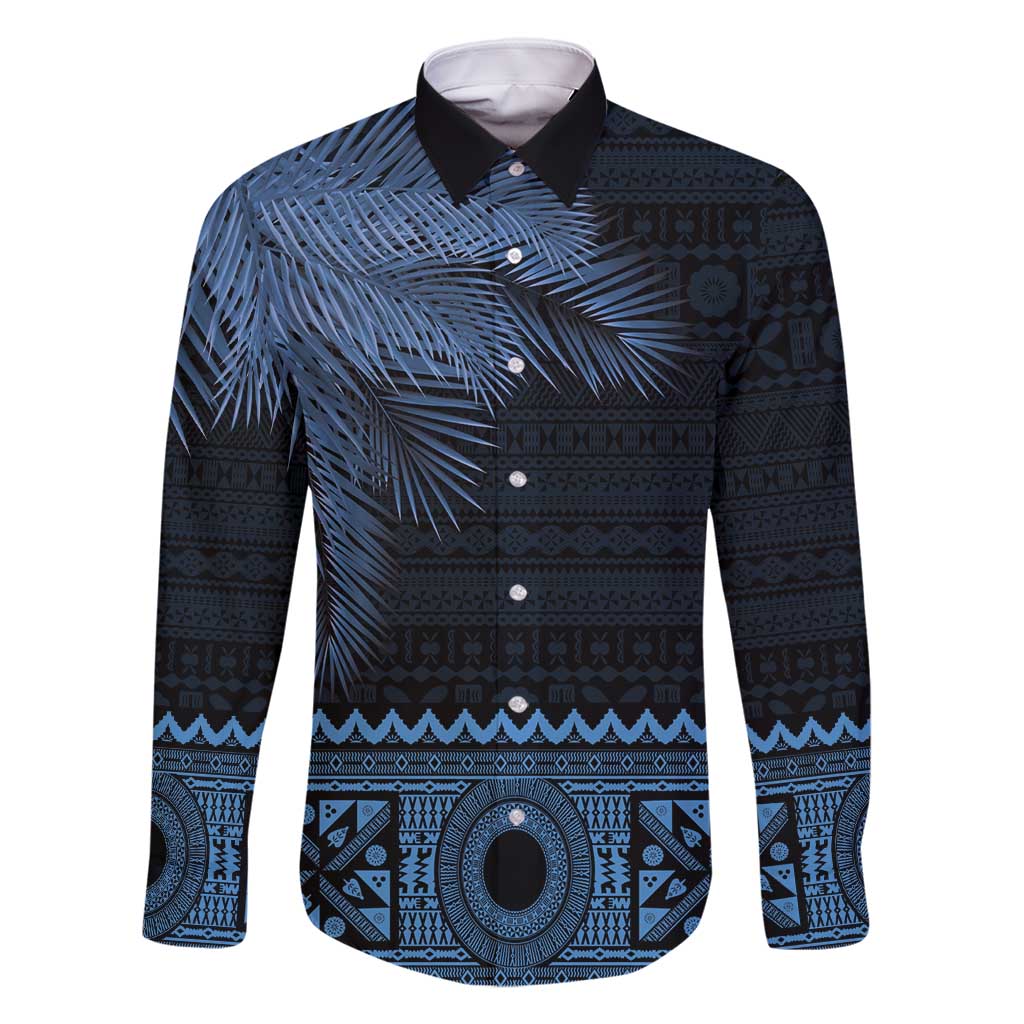 Fiji Palm Leaves Family Matching Tank Maxi Dress and Hawaiian Shirt Masi and Tapa Tribal Pattern Blue Color LT03 Dad's Shirt - Long Sleeve Blue - Polynesian Pride