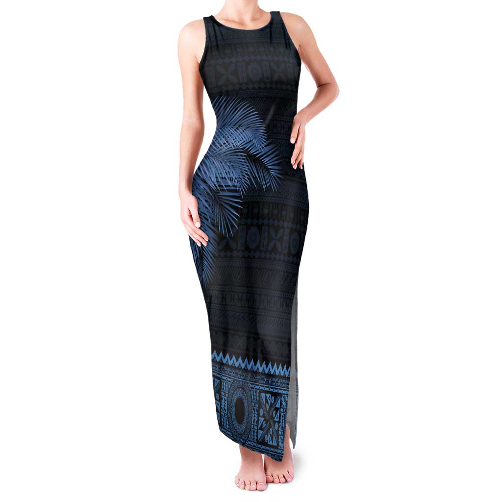 Fiji Palm Leaves Family Matching Tank Maxi Dress and Hawaiian Shirt Masi and Tapa Tribal Pattern Blue Color LT03 Mom's Dress Blue - Polynesian Pride