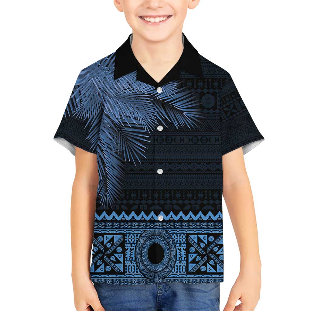 Fiji Palm Leaves Family Matching Tank Maxi Dress and Hawaiian Shirt Masi and Tapa Tribal Pattern Blue Color LT03 Son's Shirt Blue - Polynesian Pride