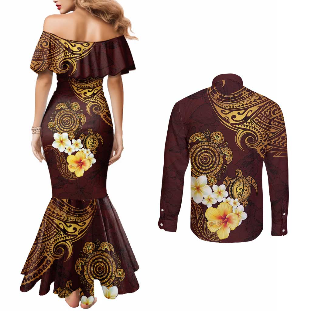 Polynesian Turtle Couples Matching Mermaid Dress and Long Sleeve Button Shirt Plumeria Hibiscus Pattern Oxblood