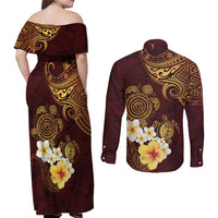 Polynesian Turtle Couples Matching Off Shoulder Maxi Dress and Long Sleeve Button Shirt Plumeria Hibiscus Pattern Oxblood