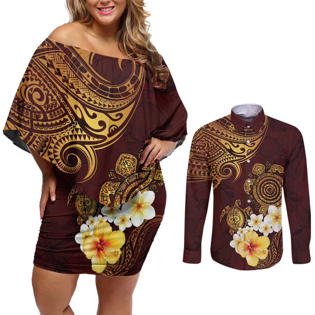 Polynesian Turtle Couples Matching Off Shoulder Short Dress and Long Sleeve Button Shirt Plumeria Hibiscus Pattern Oxblood