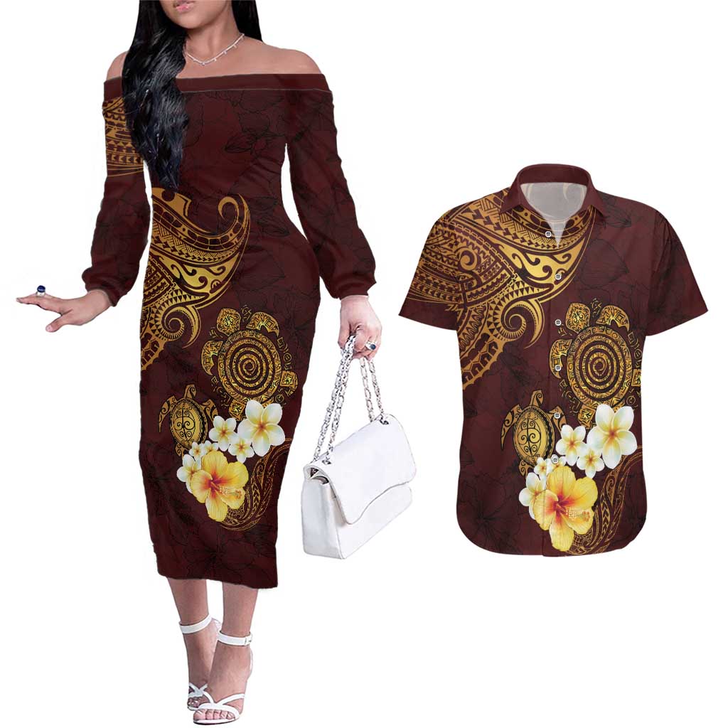 Polynesian Turtle Couples Matching Off The Shoulder Long Sleeve Dress and Hawaiian Shirt Plumeria Hibiscus Pattern Oxblood