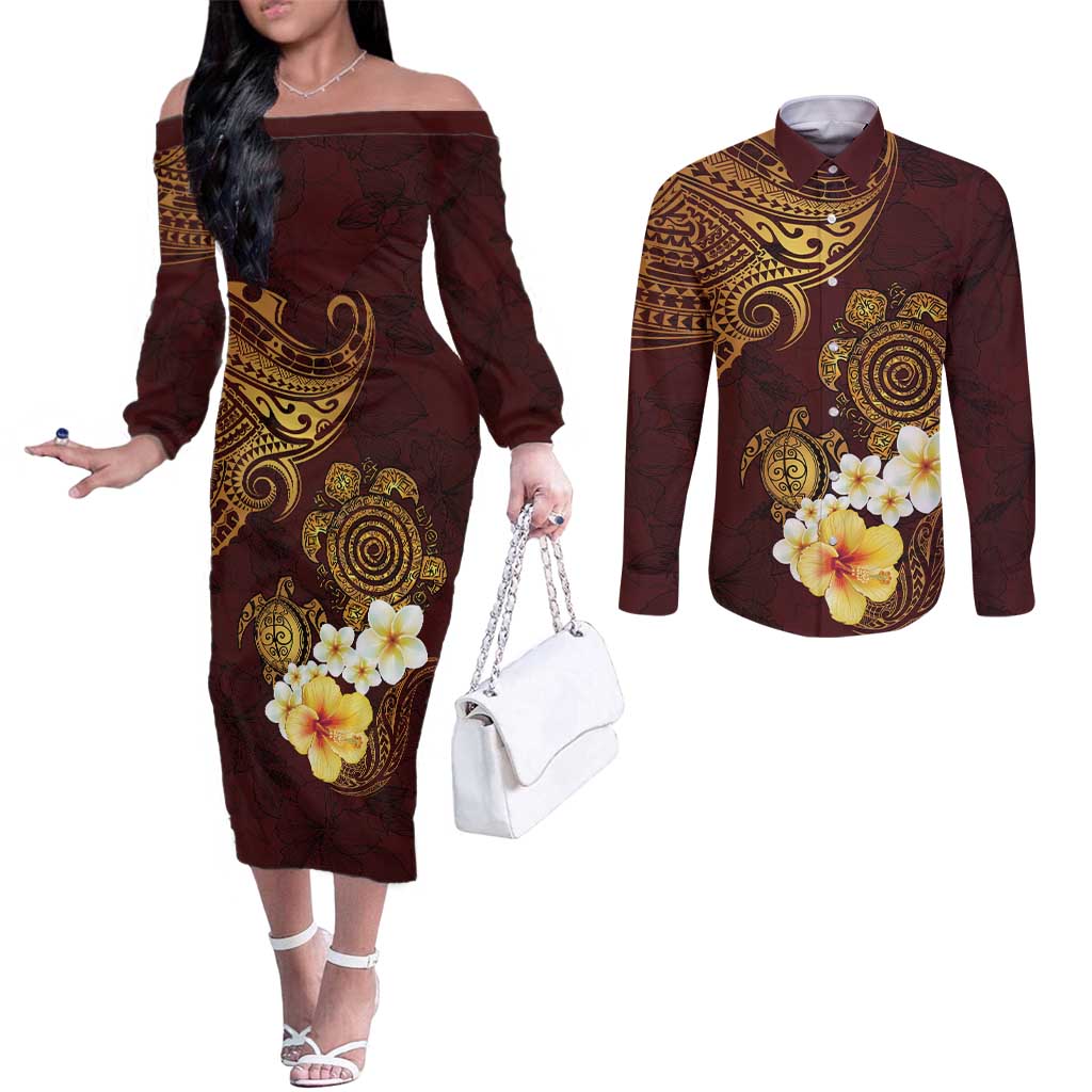 Polynesian Turtle Couples Matching Off The Shoulder Long Sleeve Dress and Long Sleeve Button Shirt Plumeria Hibiscus Pattern Oxblood
