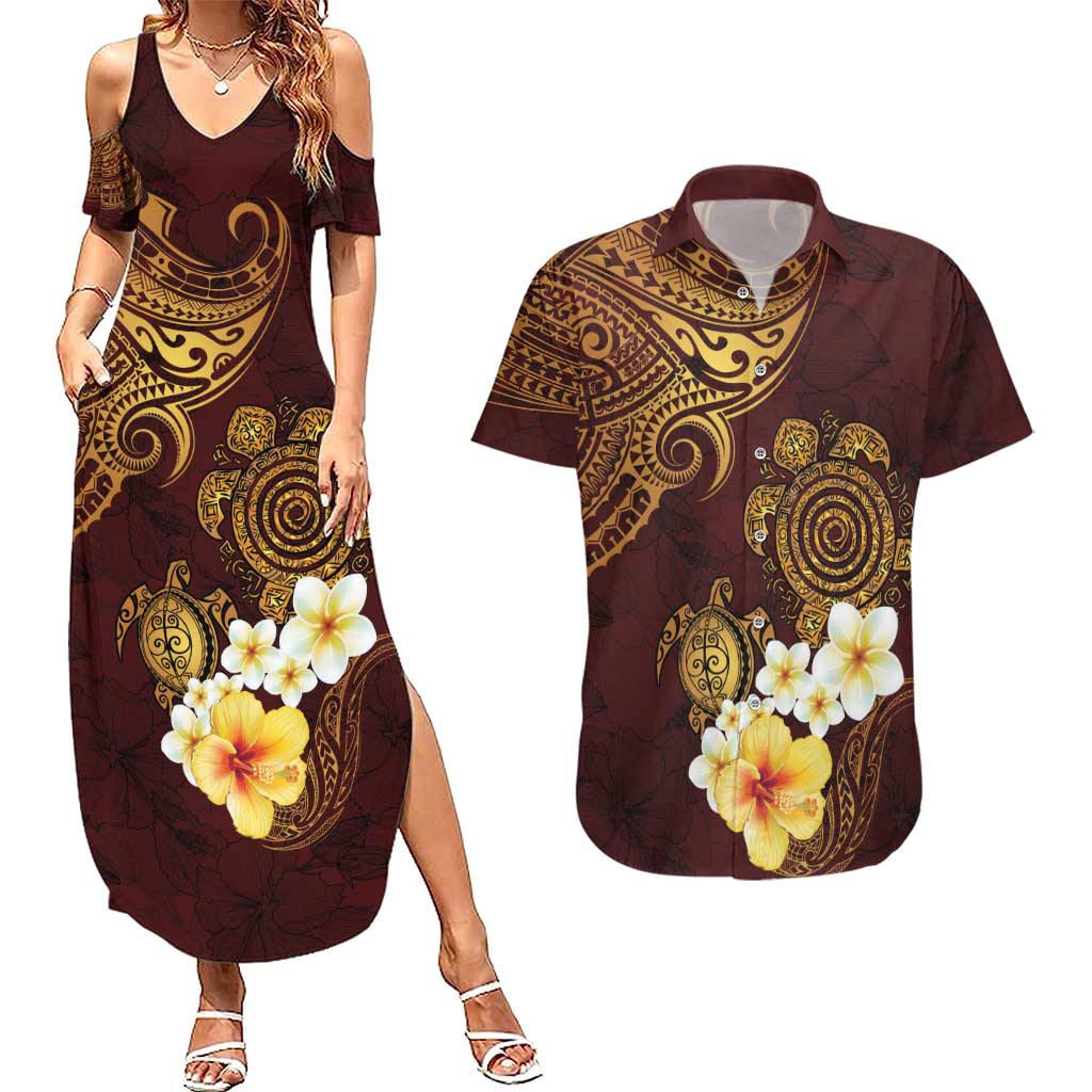 Polynesian Turtle Couples Matching Summer Maxi Dress and Hawaiian Shirt Plumeria Hibiscus Pattern Oxblood