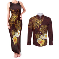 Polynesian Turtle Couples Matching Tank Maxi Dress and Long Sleeve Button Shirt Plumeria Hibiscus Pattern Oxblood