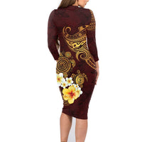 Polynesian Turtle Family Matching Long Sleeve Bodycon Dress and Hawaiian Shirt Plumeria Hibiscus Pattern Oxblood LT03 - Polynesian Pride