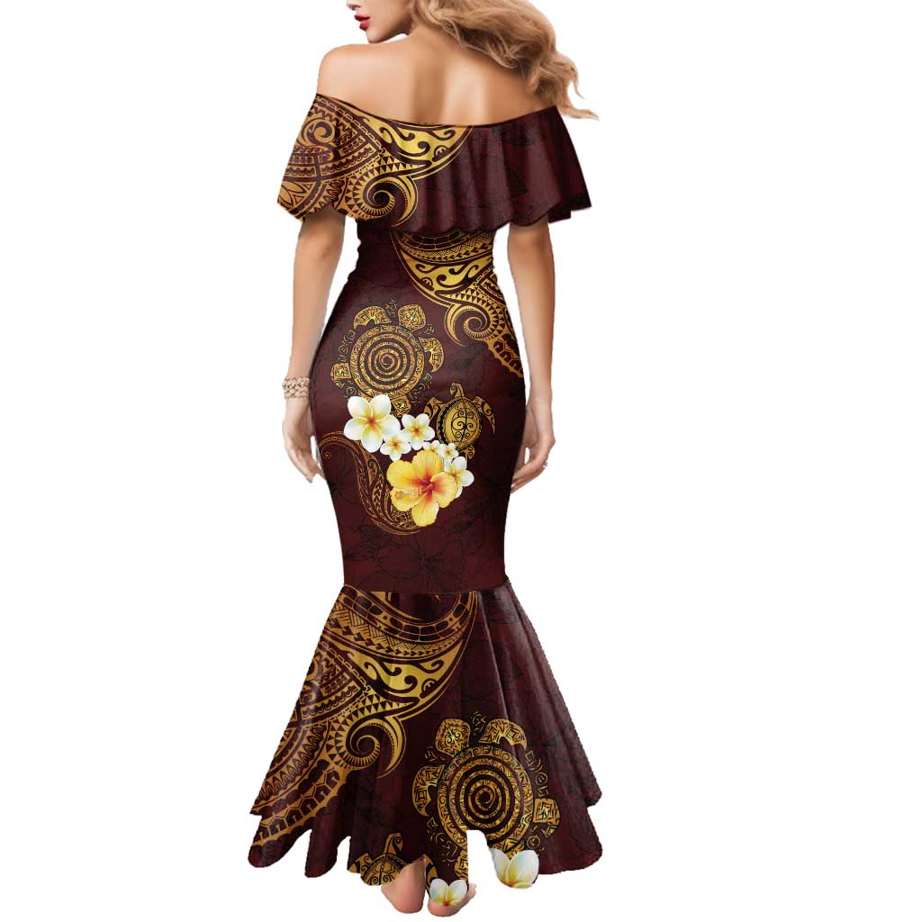 Polynesian Turtle Family Matching Mermaid Dress and Hawaiian Shirt Plumeria Hibiscus Pattern Oxblood
