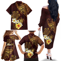 Polynesian Turtle Family Matching Off The Shoulder Long Sleeve Dress and Hawaiian Shirt Plumeria Hibiscus Pattern Oxblood LT03 - Polynesian Pride