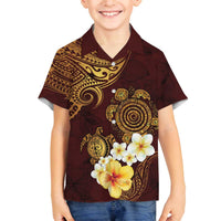 Polynesian Turtle Family Matching Off The Shoulder Long Sleeve Dress and Hawaiian Shirt Plumeria Hibiscus Pattern Oxblood LT03 Son's Shirt Oxblood - Polynesian Pride