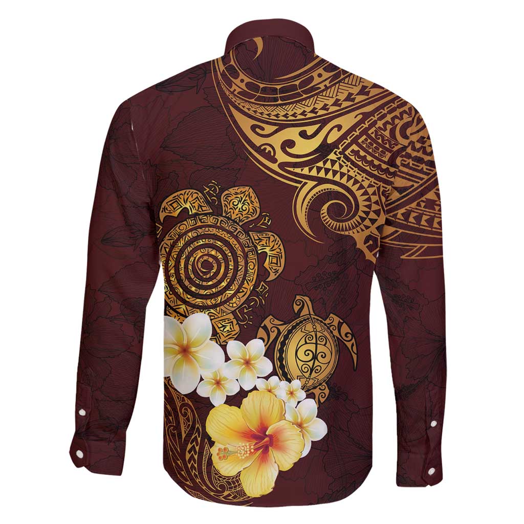 Polynesian Turtle Family Matching Off Shoulder Maxi Dress and Hawaiian Shirt Plumeria Hibiscus Pattern Oxblood