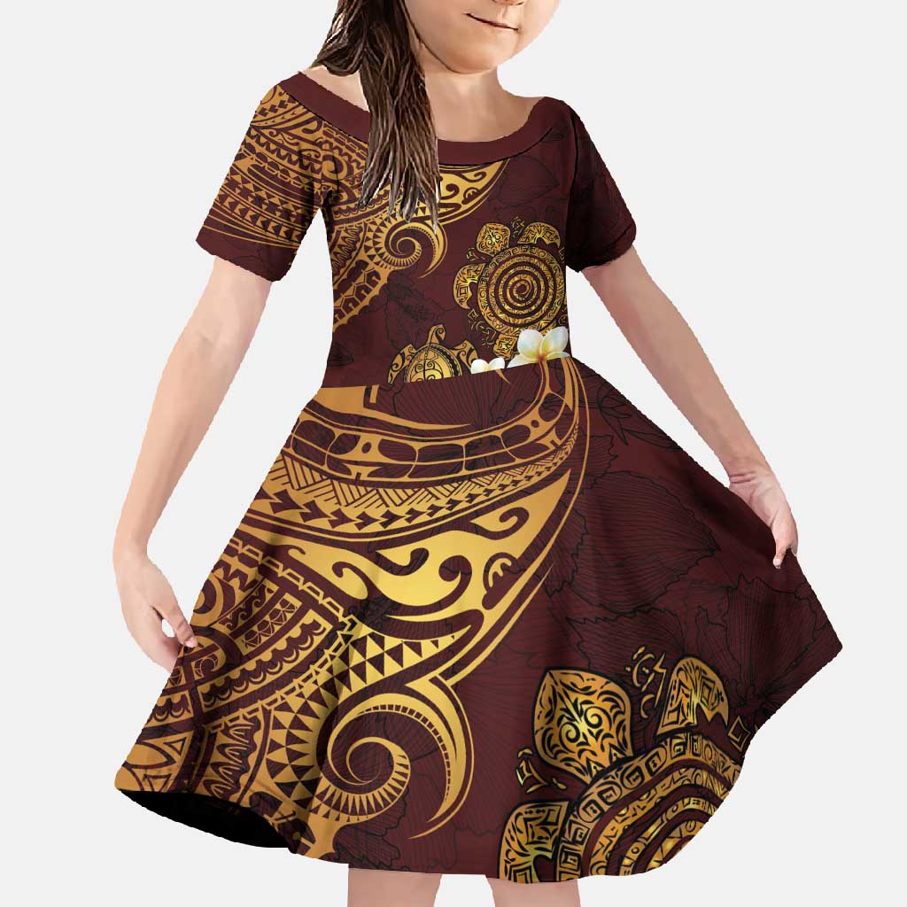 Polynesian Turtle Family Matching Short Sleeve Bodycon Dress and Hawaiian Shirt Plumeria Hibiscus Pattern Oxblood LT03 Daughter's Dress Oxblood - Polynesian Pride