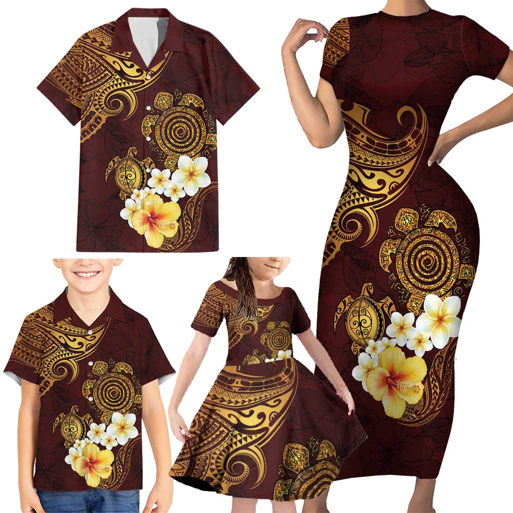 Polynesian Turtle Family Matching Short Sleeve Bodycon Dress and Hawaiian Shirt Plumeria Hibiscus Pattern Oxblood LT03 - Polynesian Pride