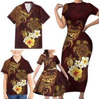 Polynesian Turtle Family Matching Short Sleeve Bodycon Dress and Hawaiian Shirt Plumeria Hibiscus Pattern Oxblood LT03 - Polynesian Pride