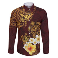 Polynesian Turtle Family Matching Short Sleeve Bodycon Dress and Hawaiian Shirt Plumeria Hibiscus Pattern Oxblood LT03 Dad's Shirt - Long Sleeve Oxblood - Polynesian Pride