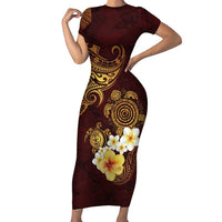 Polynesian Turtle Family Matching Short Sleeve Bodycon Dress and Hawaiian Shirt Plumeria Hibiscus Pattern Oxblood LT03 Mom's Dress Oxblood - Polynesian Pride