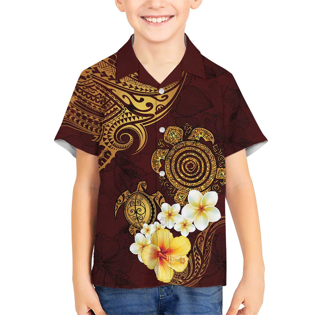 Polynesian Turtle Kid Hawaiian Shirt Plumeria Hibiscus Pattern Oxblood