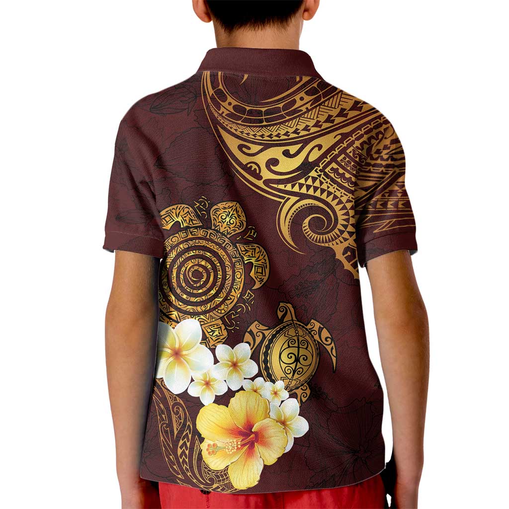 Polynesian Turtle Kid Polo Shirt Plumeria Hibiscus Pattern Oxblood