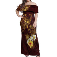 Polynesian Turtle Off Shoulder Maxi Dress Plumeria Hibiscus Pattern Oxblood