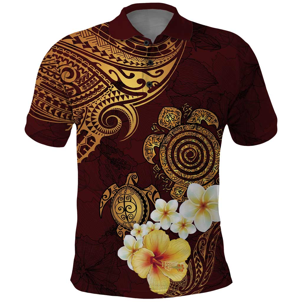 Polynesian Turtle Polo Shirt Plumeria Hibiscus Pattern Oxblood