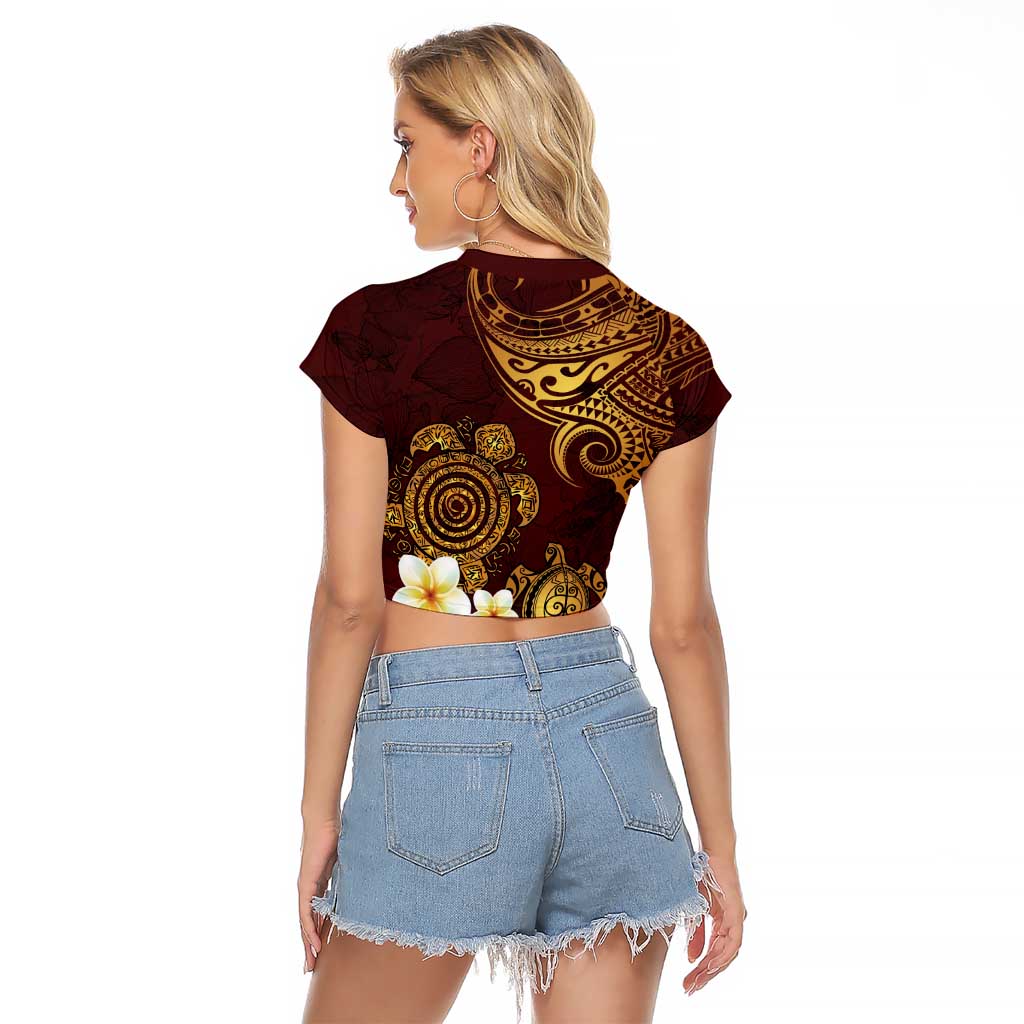 Polynesian Turtle Raglan Cropped T Shirt Plumeria Hibiscus Pattern Oxblood