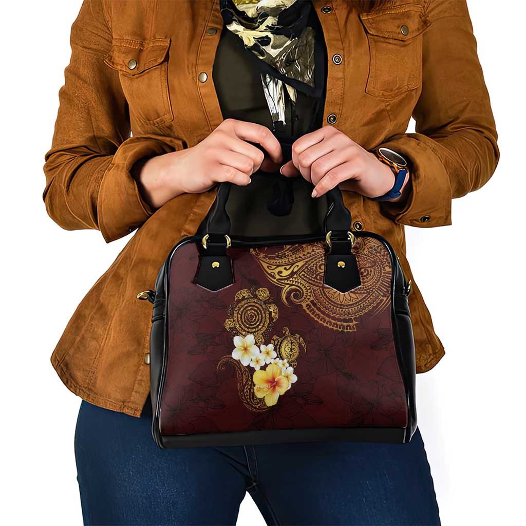 Polynesian Turtle Shoulder Handbag Plumeria Hibiscus Pattern Oxblood