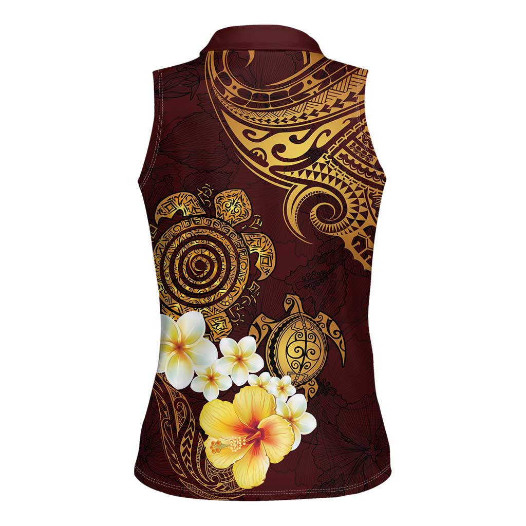 Polynesian Turtle Women Sleeveless Polo Shirt Plumeria Hibiscus Pattern Oxblood