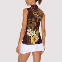 Polynesian Turtle Women Sleeveless Polo Shirt Plumeria Hibiscus Pattern Oxblood