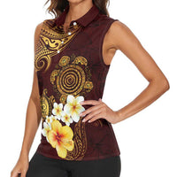 Polynesian Turtle Women Sleeveless Polo Shirt Plumeria Hibiscus Pattern Oxblood