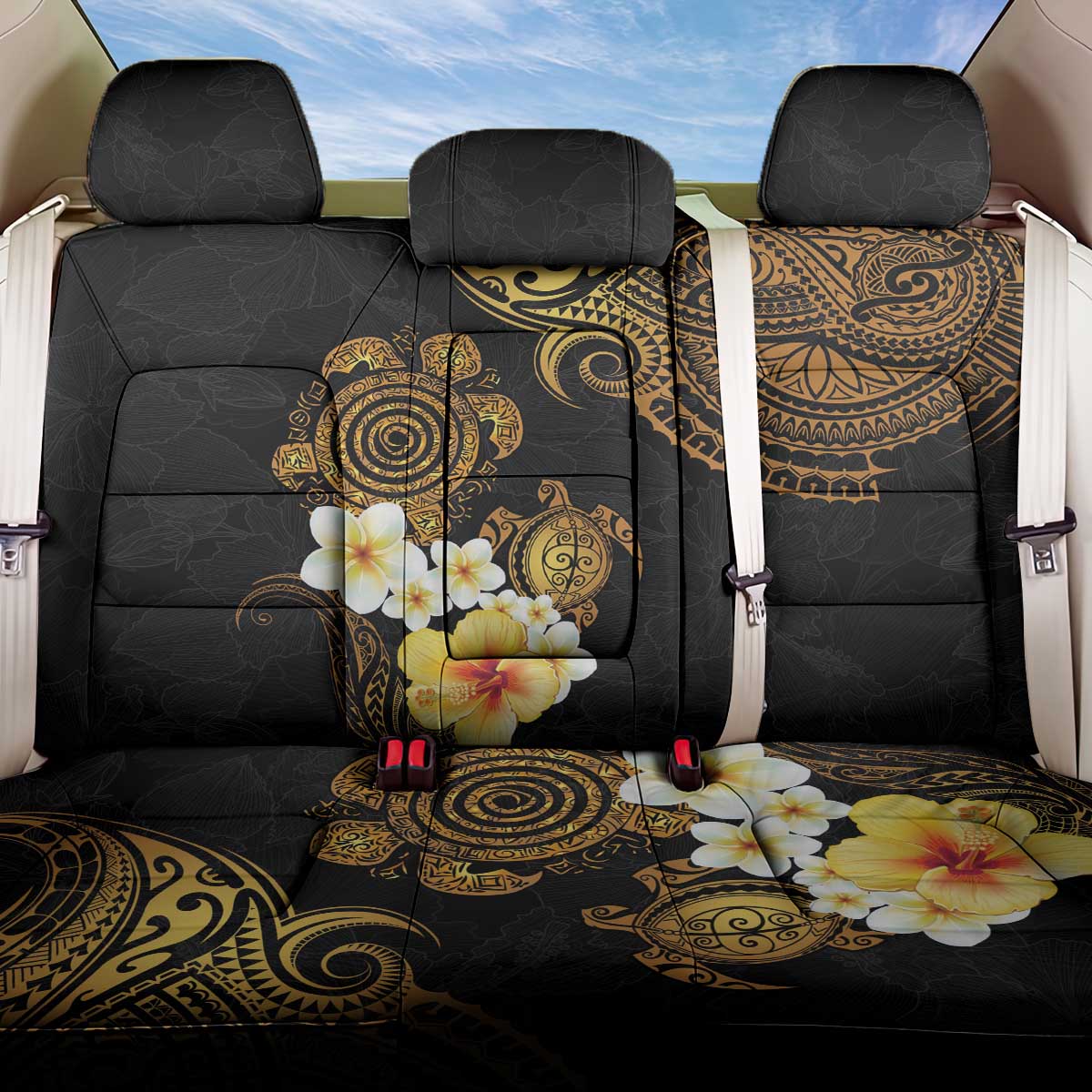 Polynesian Turtle Back Car Seat Cover Plumeria Hibiscus Pattern Black Color LT03 One Size Black - Polynesian Pride