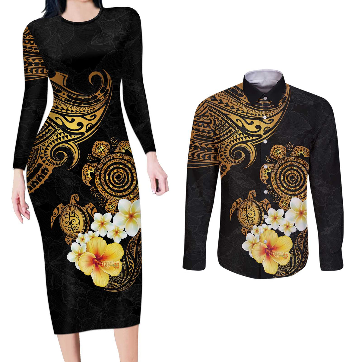 Polynesian Turtle Couples Matching Long Sleeve Bodycon Dress and Long Sleeve Button Shirt Plumeria Hibiscus Pattern Black Color