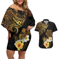 Polynesian Turtle Couples Matching Off Shoulder Short Dress and Hawaiian Shirt Plumeria Hibiscus Pattern Black Color